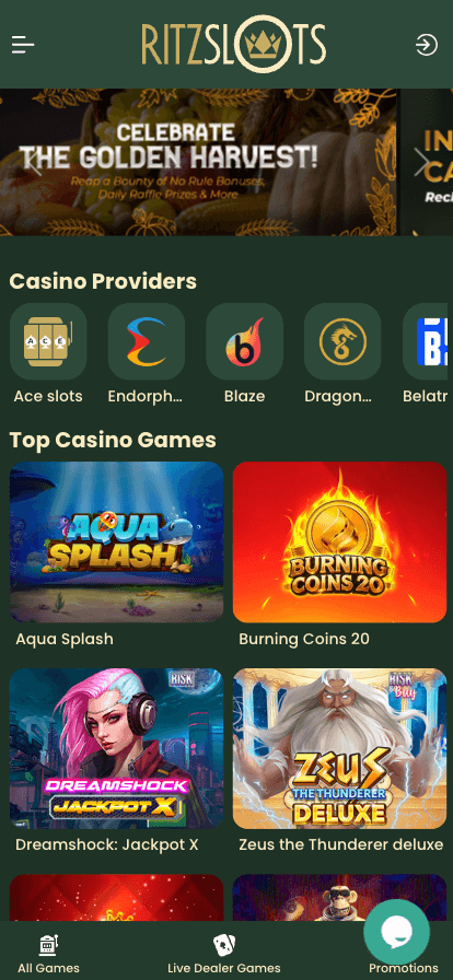 ritz slots casino mobile homepage screenshot