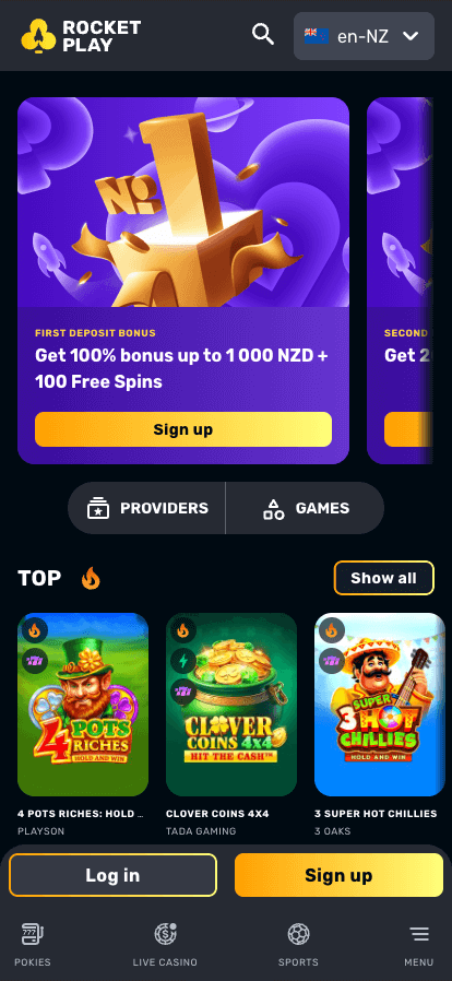 rocket play casino mobile homepage