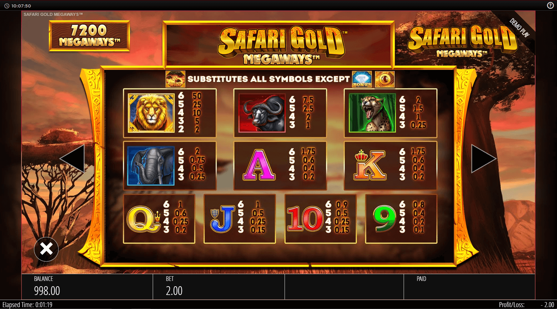 Safari Gold Megaways payytable
