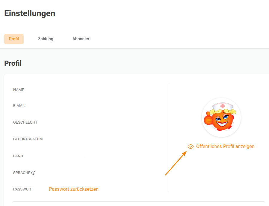 Seite mit Einstellungen für die Schaltfläche „Öffentliches Profil“