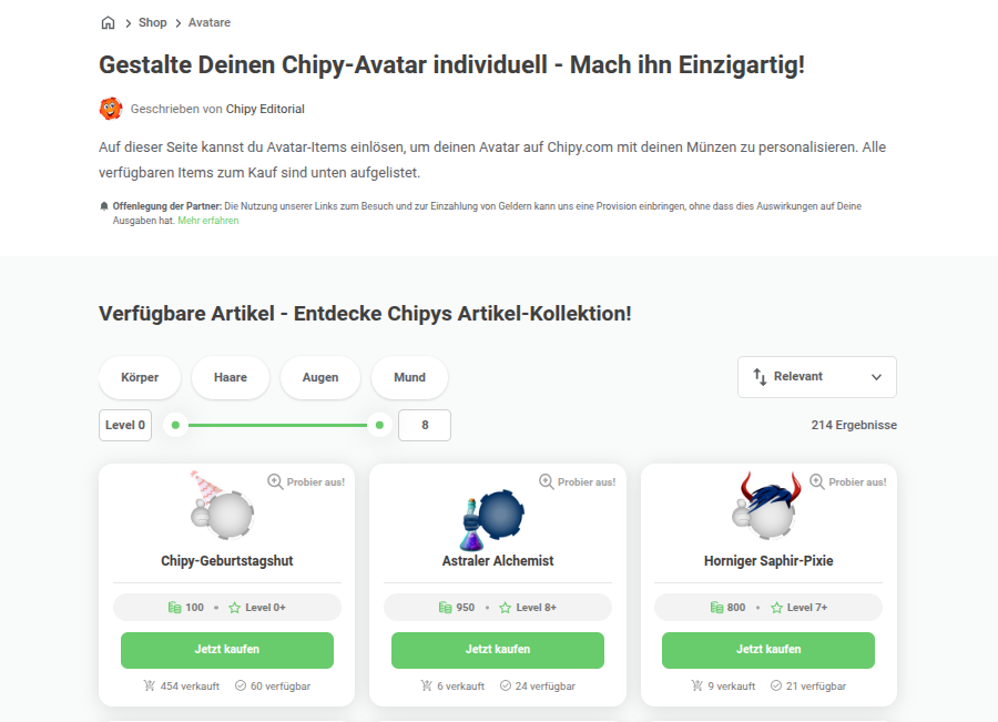 Shop Avatare Listenseite