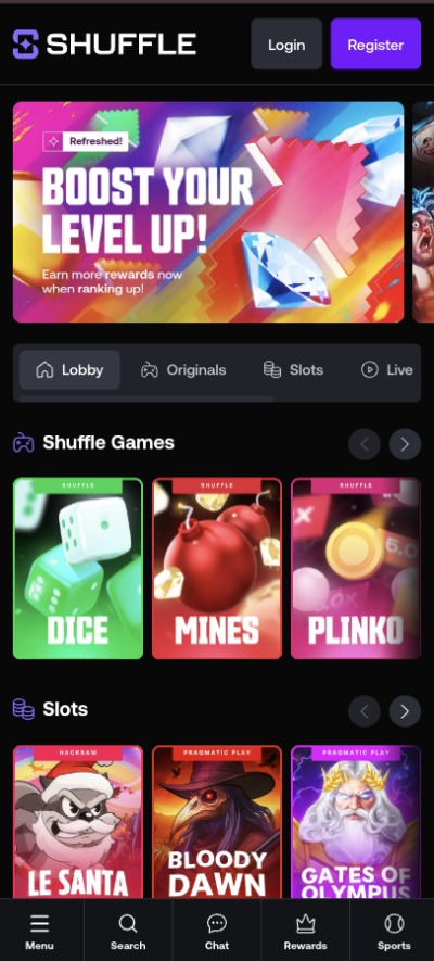 shuffle casino homepage mobile