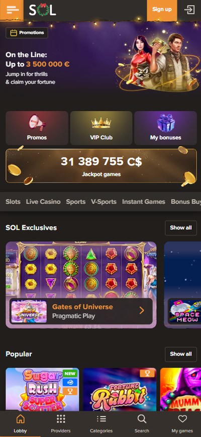 sol casino homepage