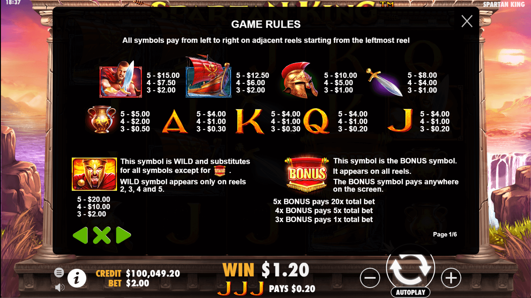 spartan king paytable