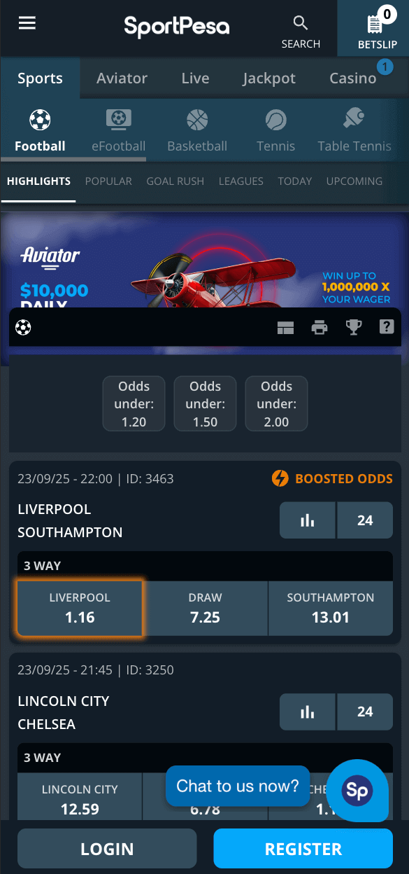 sportpesa casino mobile homepage screenshot
