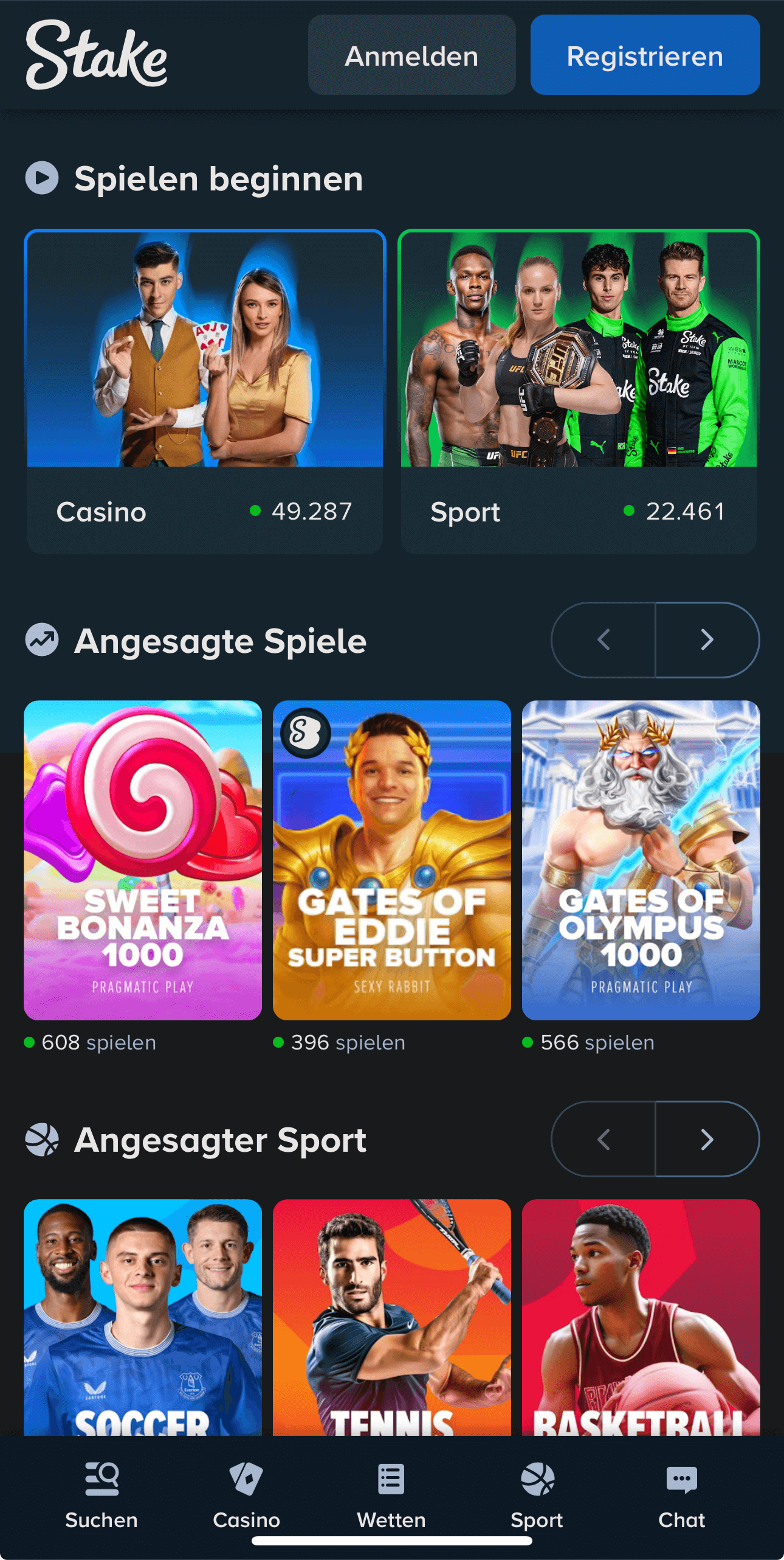 Screenshot der Stake Casino-Startseite