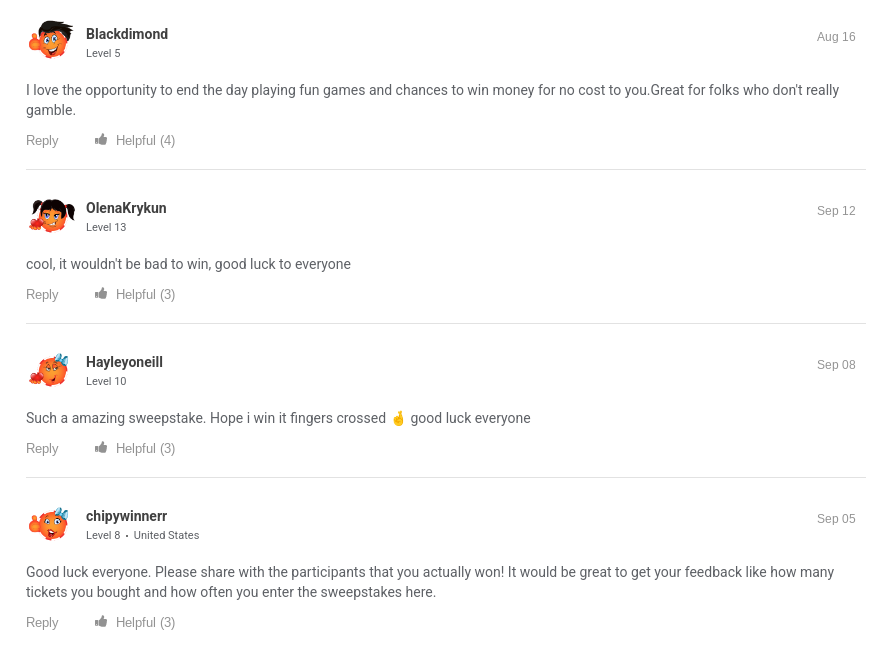 sweepstake comments from users