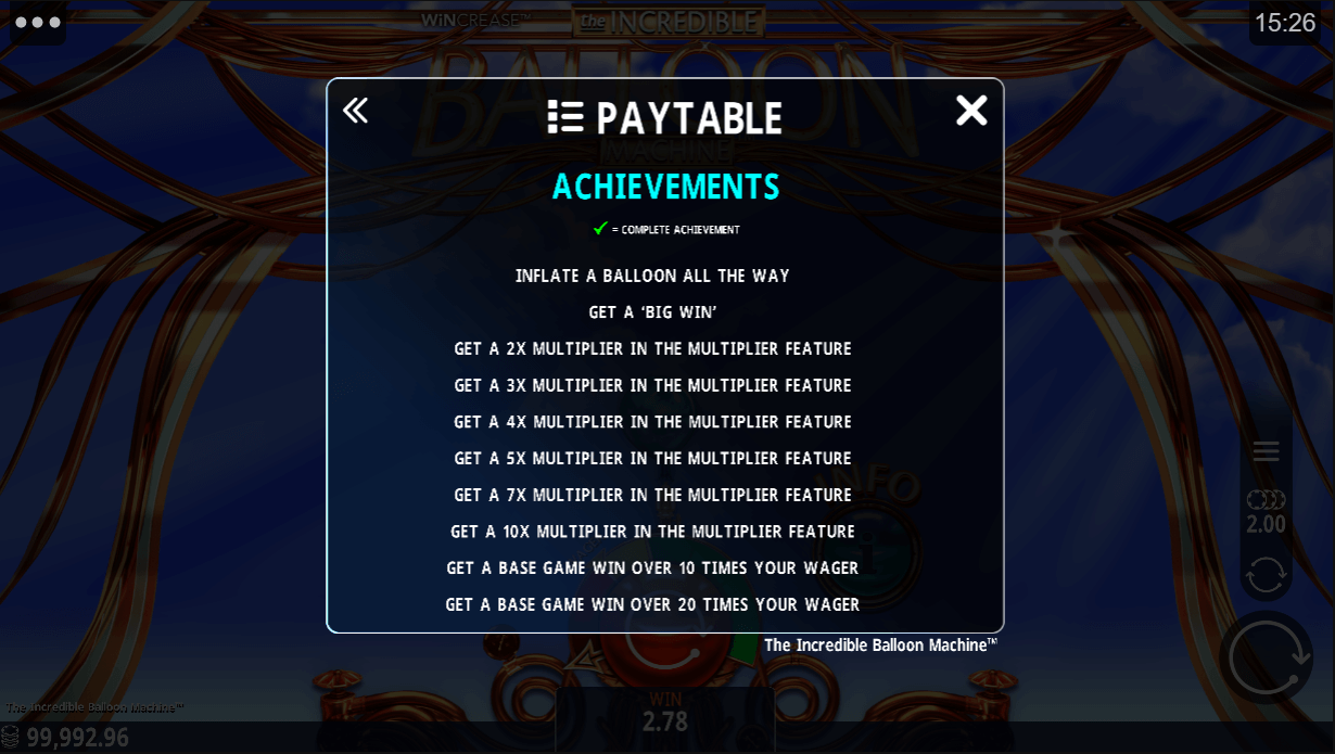 the incredible balloon machine paytable