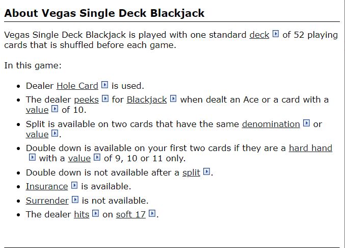 Vegas Single Deck Blackjack Game Rules